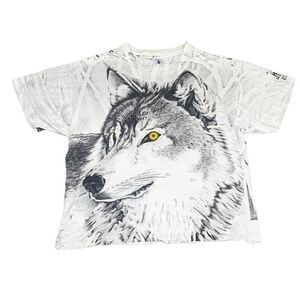 Vintage Wolf T-Shirt XXL White All Over Print Animals Nature Single Stitch